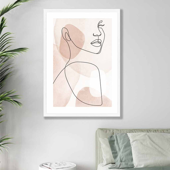 Korallrosa abstrakt linjekunstplakat med kvinneansikt nr. 1
