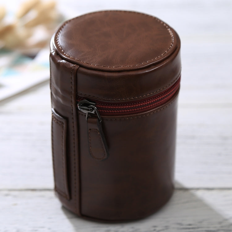 Skanto | Medium linseetui med glidelås laget av PU-lær for DSLR kameralinse, størrelse: 13x9x9cm (Kaffe)