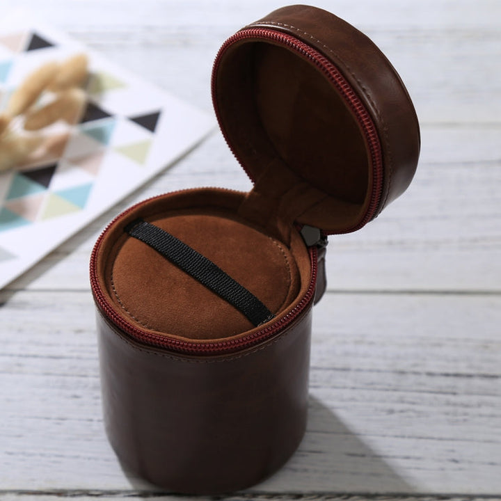 Skanto | Medium linseetui med glidelås laget av PU-lær for DSLR kameralinse, størrelse: 13x9x9cm (Kaffe)