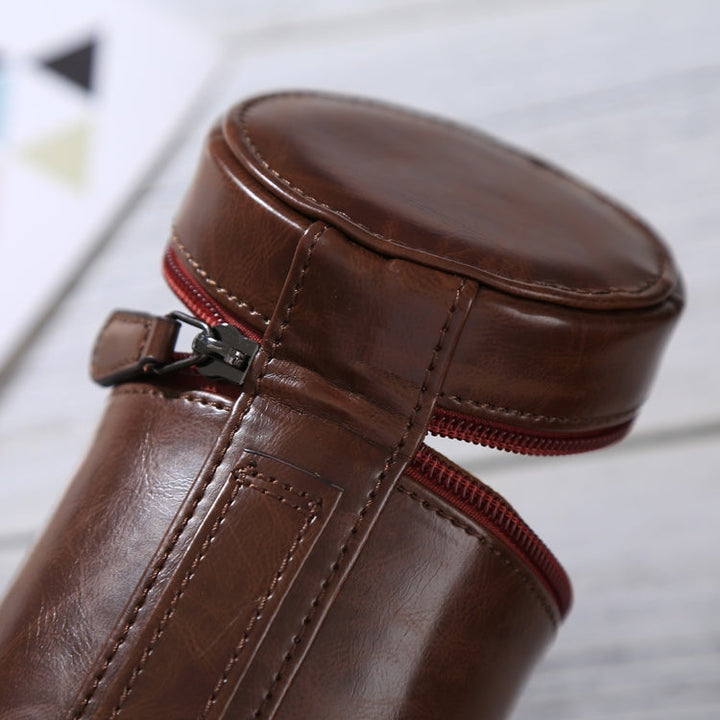 Skanto | Medium linseetui med glidelås laget av PU-lær for DSLR kameralinse, størrelse: 13x9x9cm (Kaffe)