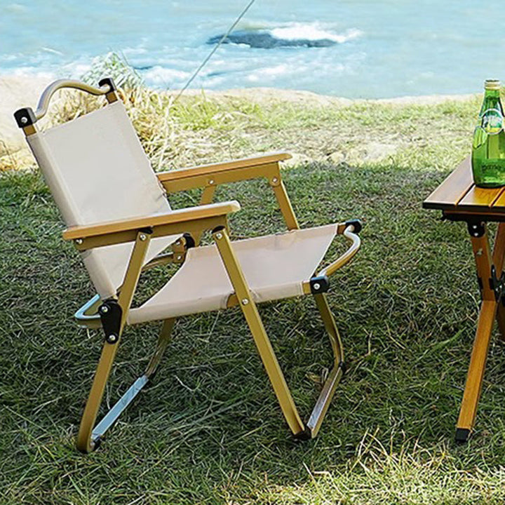 Moderne Minimalistisk Rektangel Bøk Tre Karbon Stål Oxford Stoff Utendørs Sammenleggbar Camping Stol Ryggstøtte Armlene For Hage | Skanto