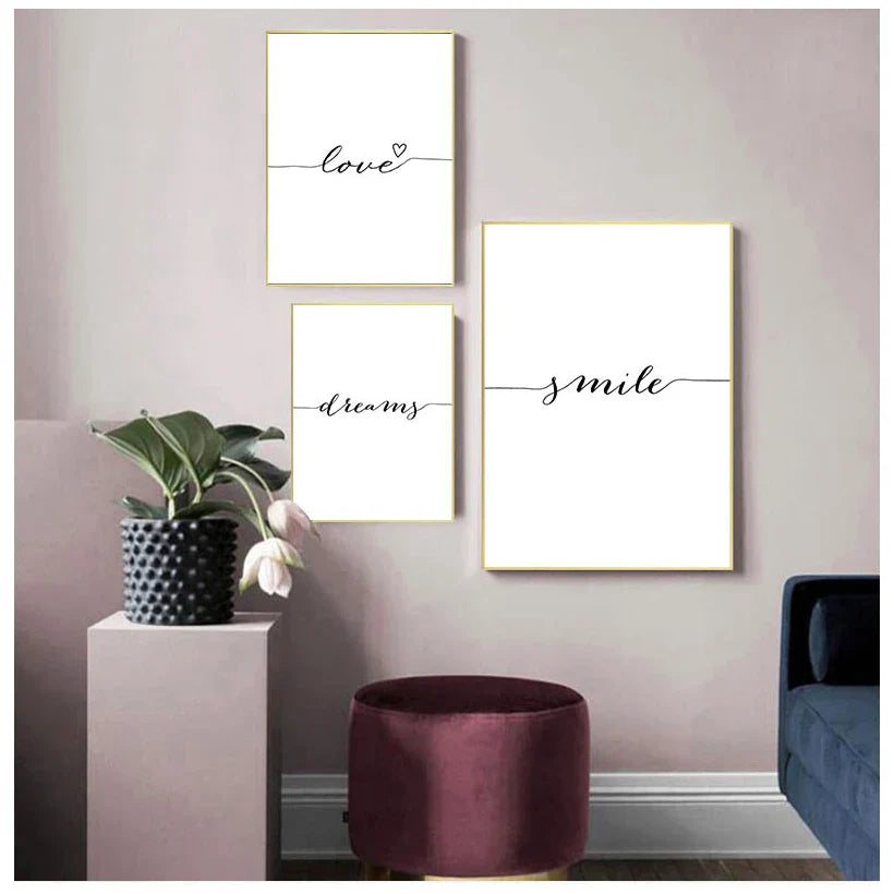Daglige inspirerende ord veggkunst Fin kunst lerrettrykk Kjaerlighet Smil Søte drømmer Sitater Plakater Svart Hvit Bilder For Stue Soverom Kunst Dekor | Skanto