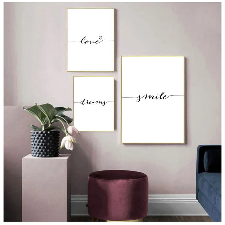 Daglige inspirerende ord veggkunst Fin kunst lerrettrykk Kjaerlighet Smil Søte drømmer Sitater Plakater Svart Hvit Bilder For Stue Soverom Kunst Dekor | Skanto