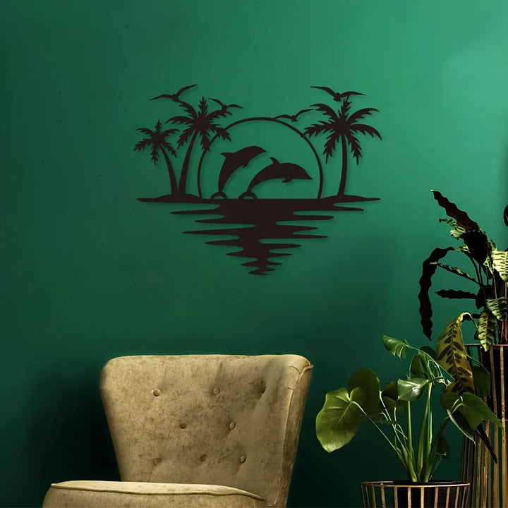 Delfin Solnedgang Tropiske Palmen Jern Kunst Veggkunst 3D Metall Skulptur Veggdekorasjon For Stue Spisestue Kreativ Samtids Nordisk Boliginnredning | Skanto