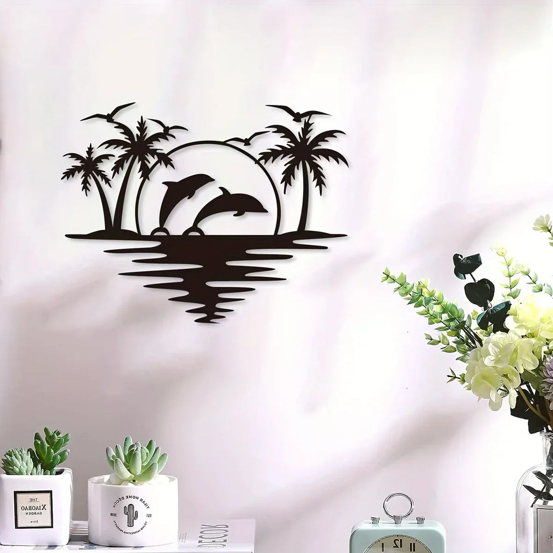 Dolphin Sunset Tropical Palm Trees Iron Art Wall Art 3D Metal Sculpted Wall Decor | Skanto