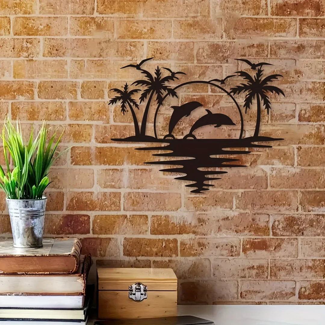 Dolphin Sunset Tropical Palm Trees Iron Art Wall Art 3D Metal Sculpted Wall Decor | Skanto