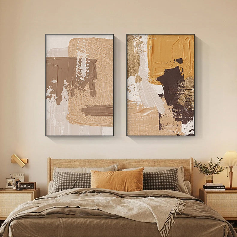 Elegante jordtoner abstrakt penselstruktur veggkunst fine kunst lerrettrykk Triple Harmony av sennepsgul, brun og beige – samtidsveggkunst for moderne interiørdesign | Skanto