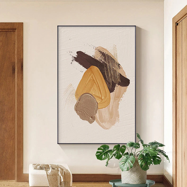 Elegante jordtoner abstrakt penselstruktur veggkunst fine kunst lerrettrykk Triple Harmony av sennepsgul, brun og beige – samtidsveggkunst for moderne interiørdesign | Skanto