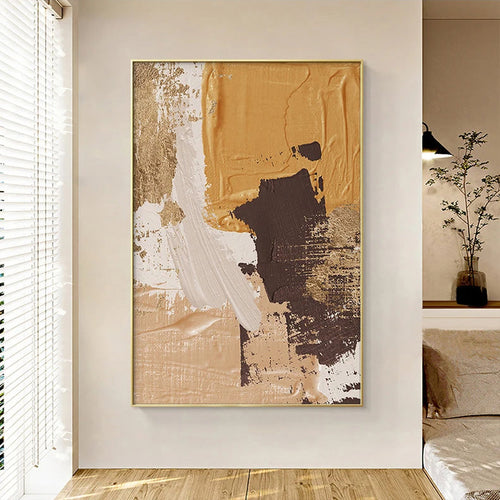 Elegante jordtoner abstrakt penselstruktur veggkunst fine kunst lerrettrykk Triple Harmony av sennepsgul, brun og beige – samtidsveggkunst for moderne interiørdesign | Skanto
