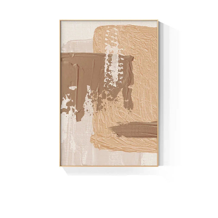 Elegante jordtoner abstrakt penselstruktur veggkunst fine kunst lerrettrykk Triple Harmony av sennepsgul, brun og beige – samtidsveggkunst for moderne interiørdesign | Skanto