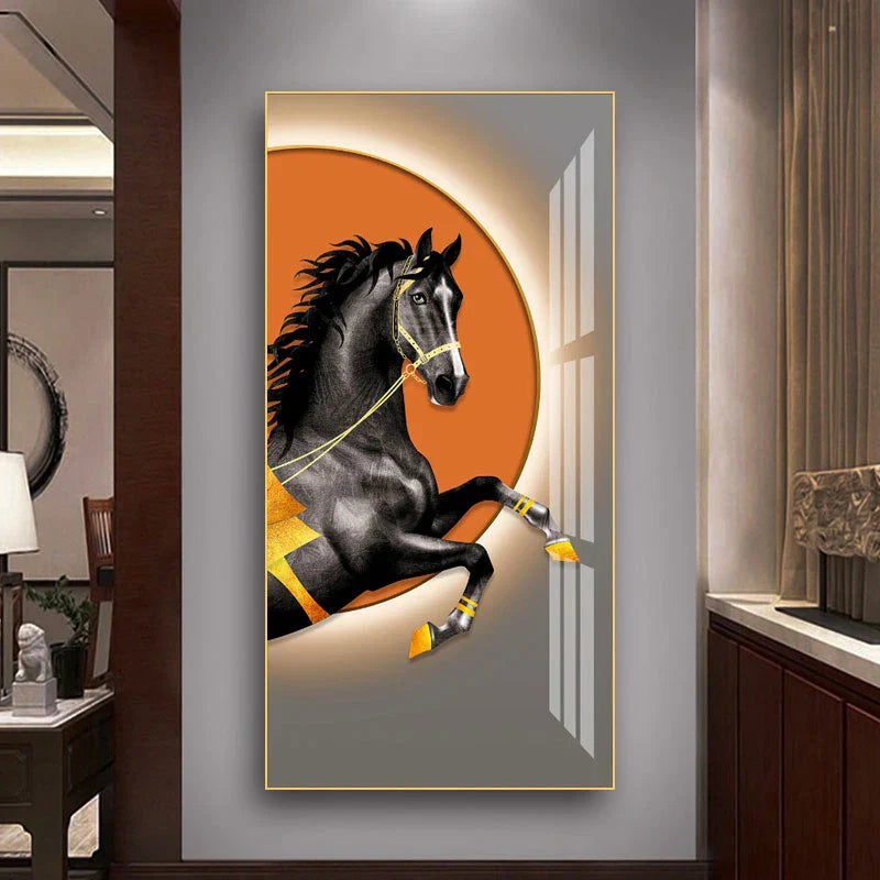 Elegant Ritter Veggkunst Fine Art Lerrettrykk Majestetisk Brunt Hesteportrett på abstrakt oransje bakgrunn for bilder for moderne interiør | Skanto