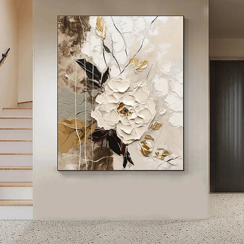 Elegant Blossoms With Gold Accents Wall Art Fine Art Canvas Prints Modern Abstract Botanical Picture For Living Room Entryway Wall Decor | Skanto