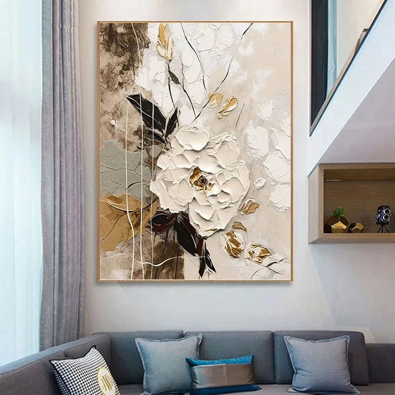 Elegant Blossoms With Gold Accents Wall Art Fine Art Canvas Prints Modern Abstract Botanical Picture For Living Room Entryway Wall Decor | Skanto