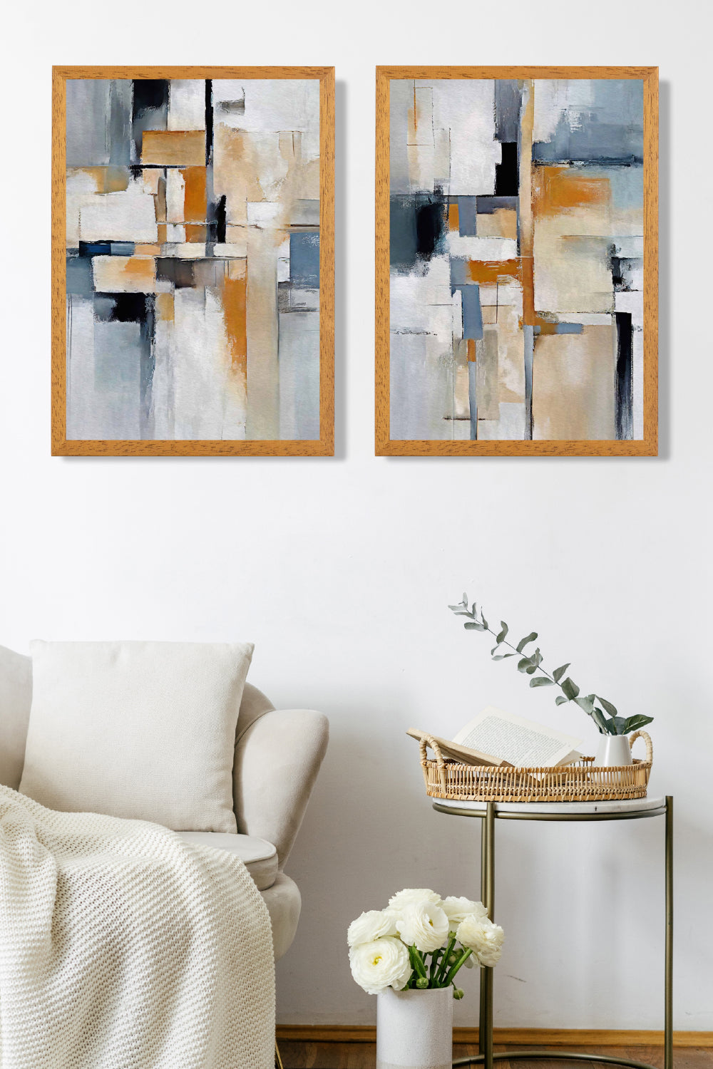 Abstrakt sett med 2 innrammede kunsttrykk i blått og oransje