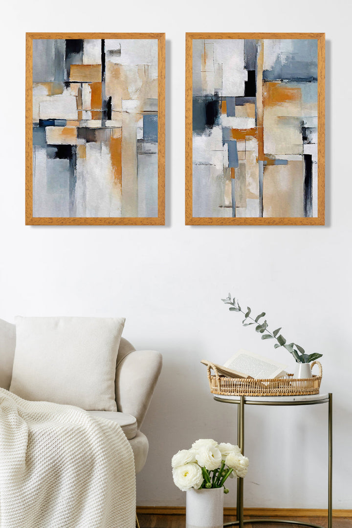 Abstrakt sett med 2 innrammede kunsttrykk i blått og oransje