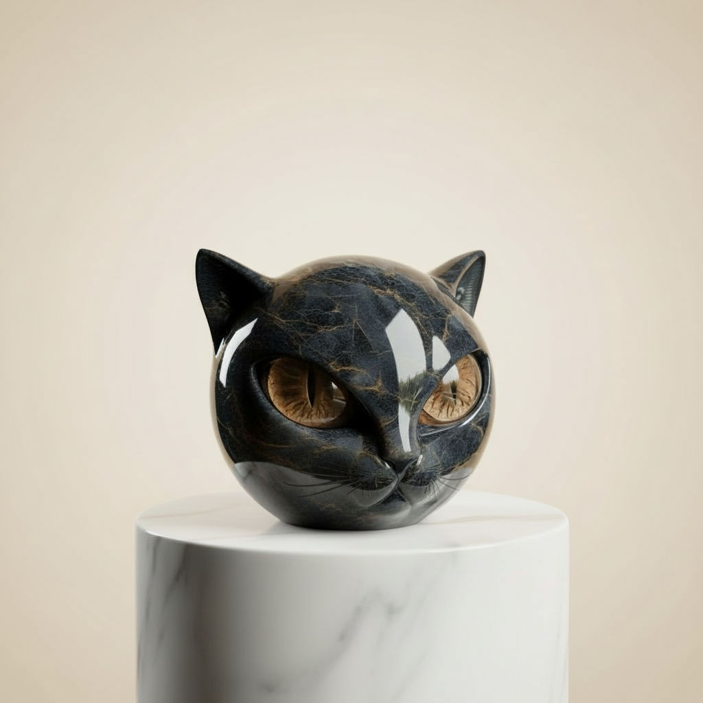 NoirCat Skulptur – Schwarzer Katzenkopf mit hypnotisierenden Augen