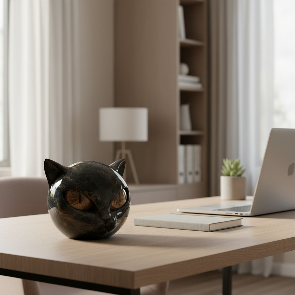 NoirCat Skulptur – Schwarzer Katzenkopf mit hypnotisierenden Augen