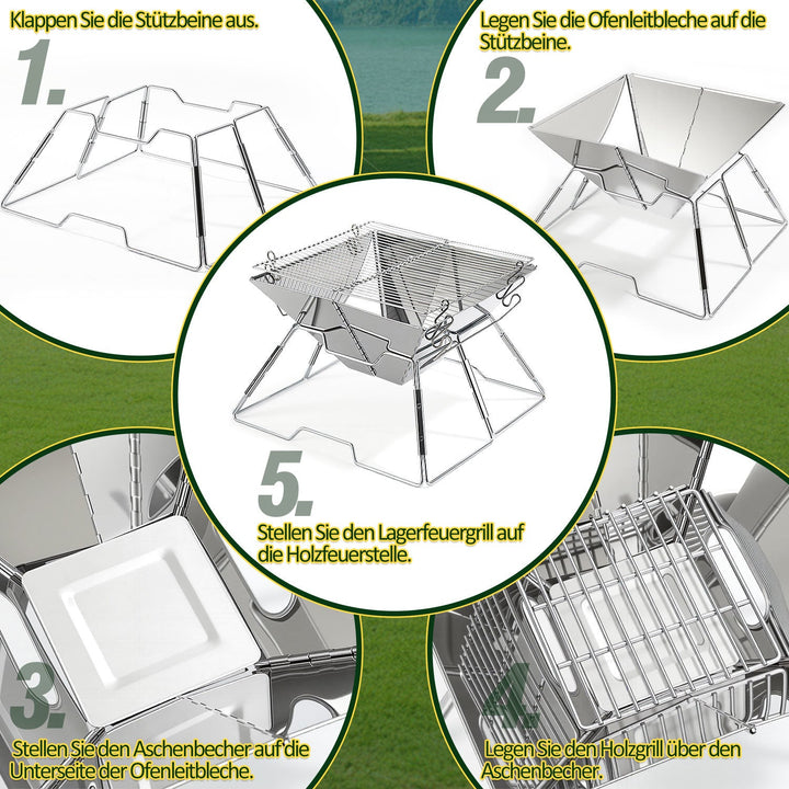 Foldbar Camping Grill i Rustfritt Stål med Høydejusterbar Grillstativ | Skanto
