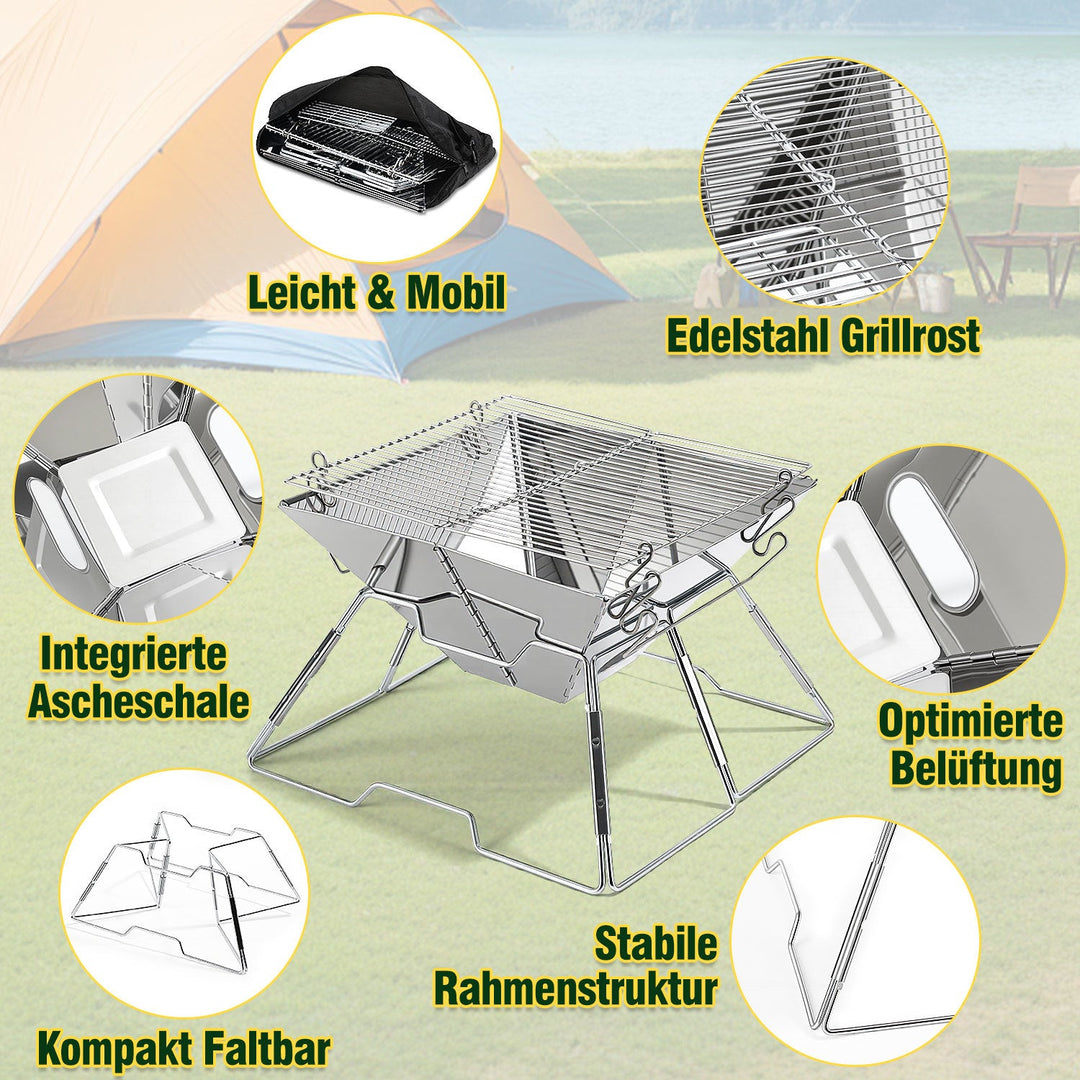 Foldbar Camping Grill i Rustfritt Stål med Høydejusterbar Grillstativ | Skanto