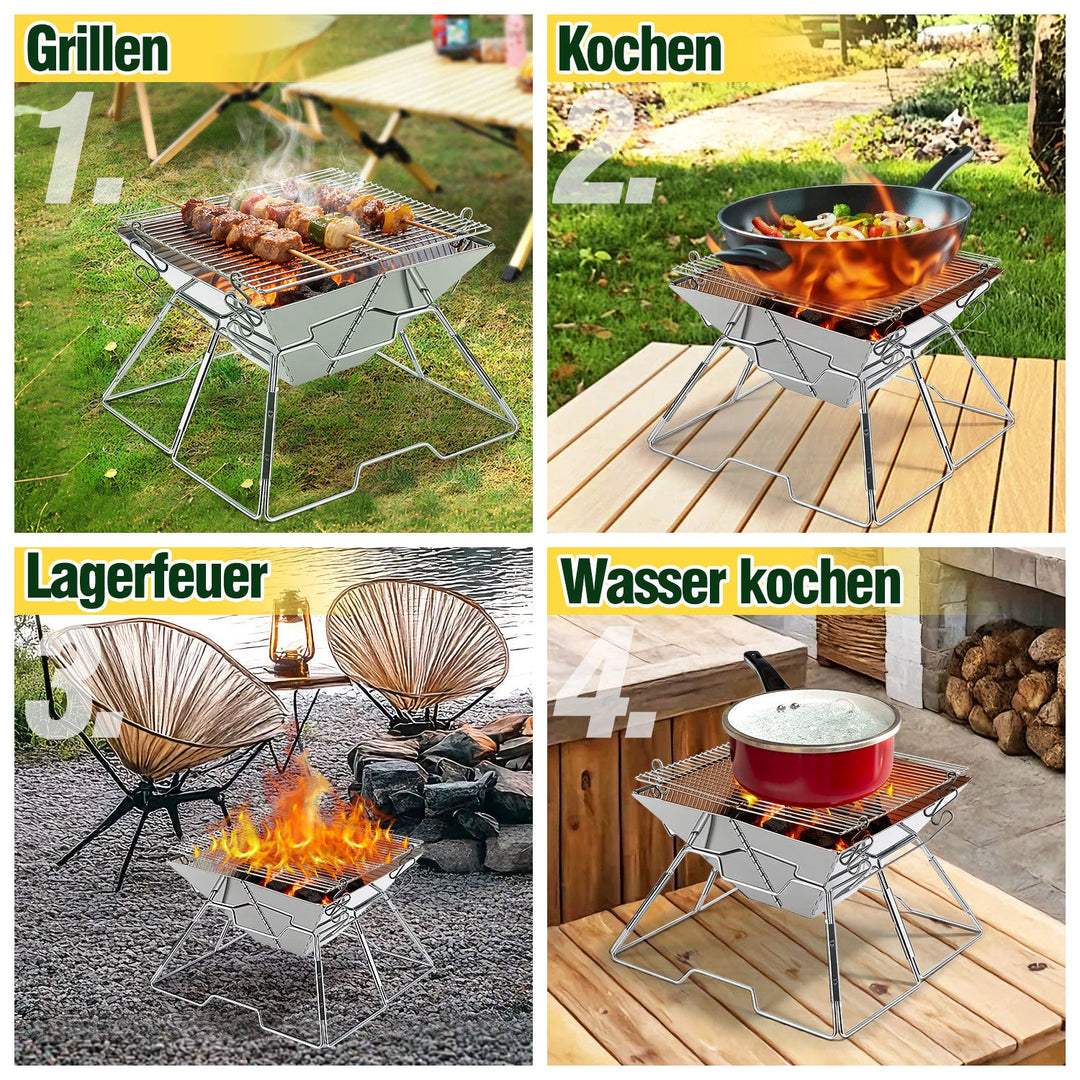 Foldbar Camping Grill i Rustfritt Stål med Høydejusterbar Grillstativ | Skanto