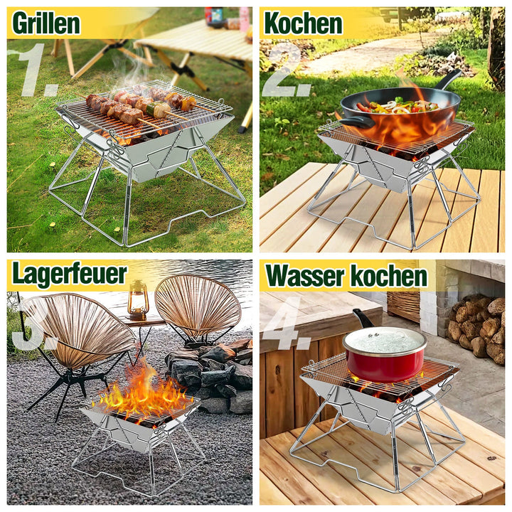 Foldbar Camping Grill i Rustfritt Stål med Høydejusterbar Grillstativ | Skanto