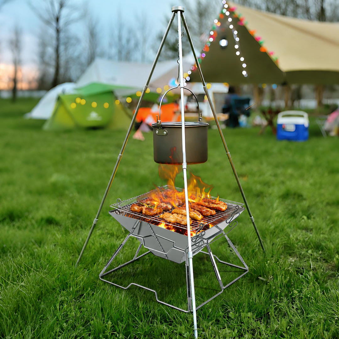 Foldbar Camping Grill i Rustfritt Stål med Høydejusterbar Grillstativ | Skanto