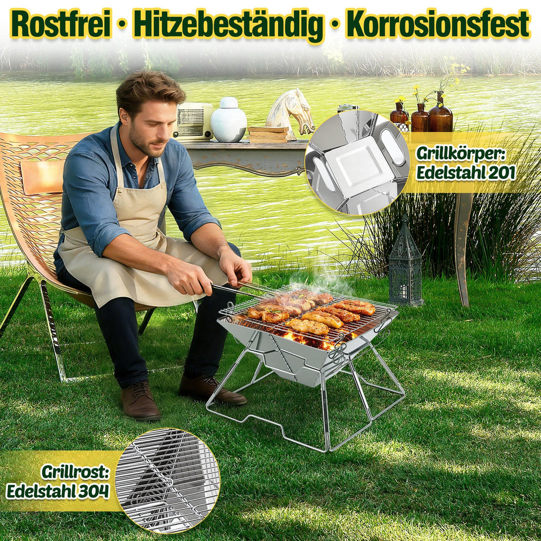 Foldbar Camping Grill i Rustfritt Stål med Høydejusterbar Grillstativ | Skanto