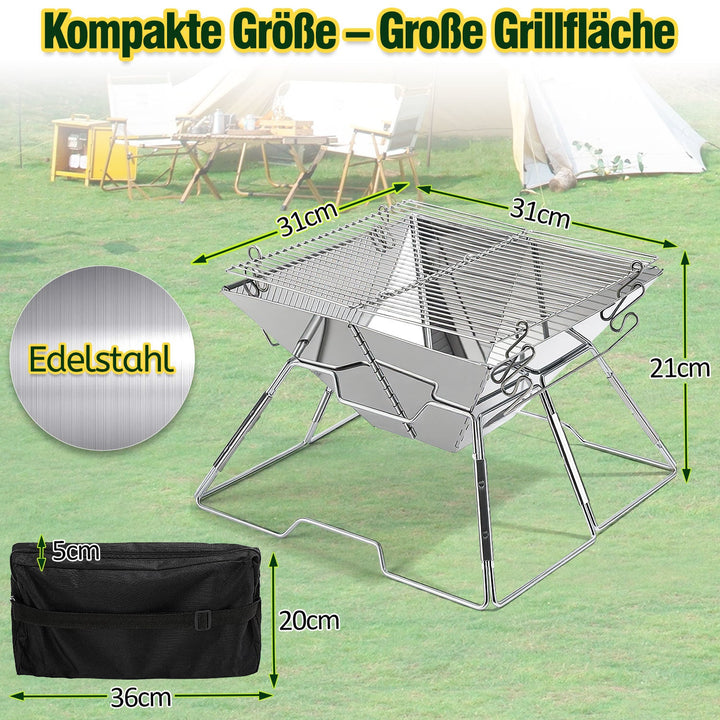 Foldbar Camping Grill i Rustfritt Stål med Høydejusterbar Grillstativ | Skanto
