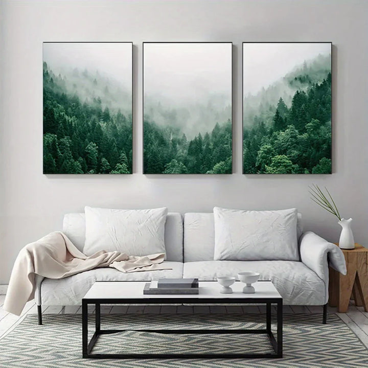 Set av 3PCS Tåkeskog Landskapsveggkunst Fin kunstler lerrettrykk Inspirerende bilder av ro for stue veggdekorasjon | Skanto