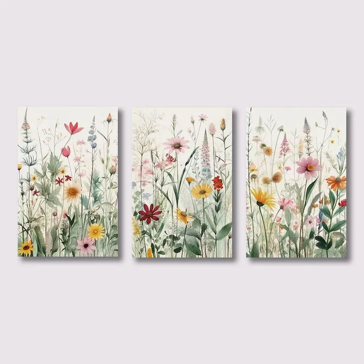 Sett med 3 stk ville blomster veggkunst Fin kunst lerrettrykk Minimalistiske botaniske trykk Plakater Bilder for stuedekor | Skanto