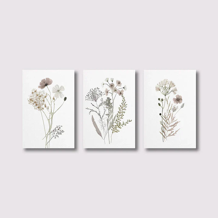 Sett med 3 stk ville blomster veggkunst Fin kunst lerrettrykk Minimalistiske botaniske trykk Plakater Bilder for stuedekor | Skanto