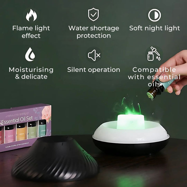 FlameGlow Luftfukter Aromaterapi Diffuser | Tilfører Fuktighet - Lindrer Tørr Luft - Hjelper med å Slappe Av - Stille Diffuser for Hjem eller Kontor Skanto