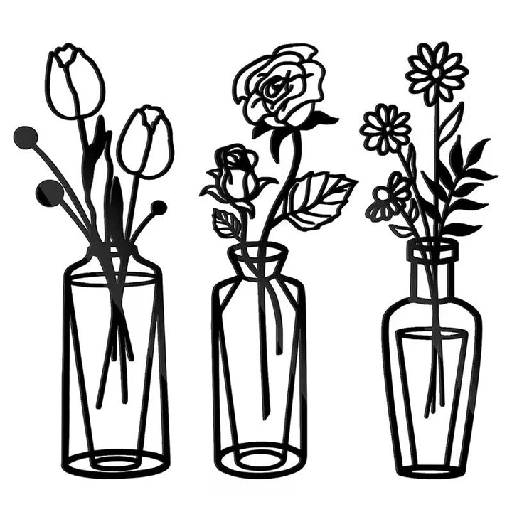 Blomster i en vase Svart metall veggkunst 3D skulpturert jernkunst veggdekorasjoner for stue spisestue Kreativ nordisk interiørdesign | Skanto