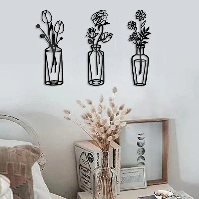 Blomster i en vase Svart metall veggkunst 3D skulpturert jernkunst veggdekorasjoner for stue spisestue Kreativ nordisk interiørdesign | Skanto