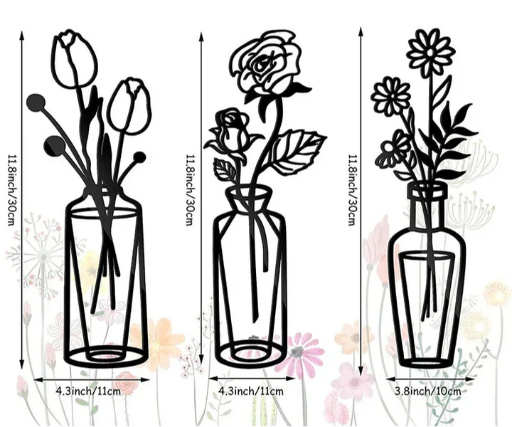 Blomster i en vase Svart metall veggkunst 3D skulpturert jernkunst veggdekorasjoner for stue spisestue Kreativ nordisk interiørdesign | Skanto