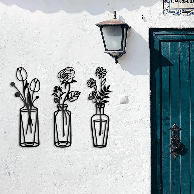 Blomster i en vase Svart metall veggkunst 3D skulpturert jernkunst veggdekorasjoner for stue spisestue Kreativ nordisk interiørdesign | Skanto