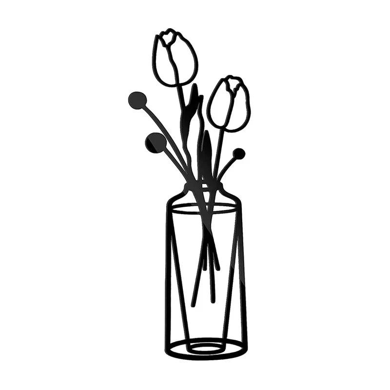 Blomster i en vase Svart metall veggkunst 3D skulpturert jernkunst veggdekorasjoner for stue spisestue Kreativ nordisk interiørdesign | Skanto