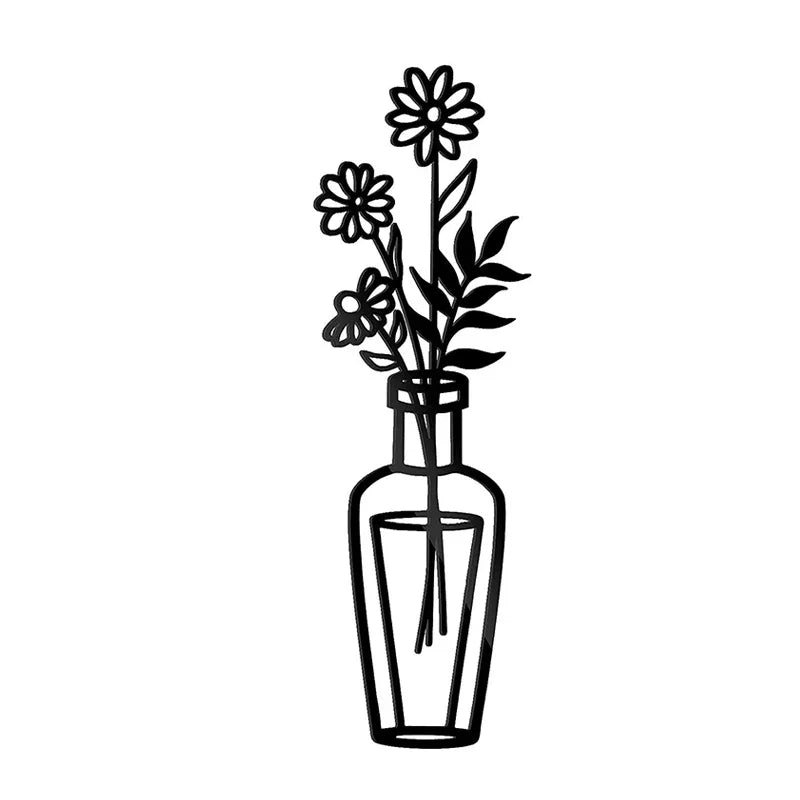 Blomster i en vase Svart metall veggkunst 3D skulpturert jernkunst veggdekorasjoner for stue spisestue Kreativ nordisk interiørdesign | Skanto