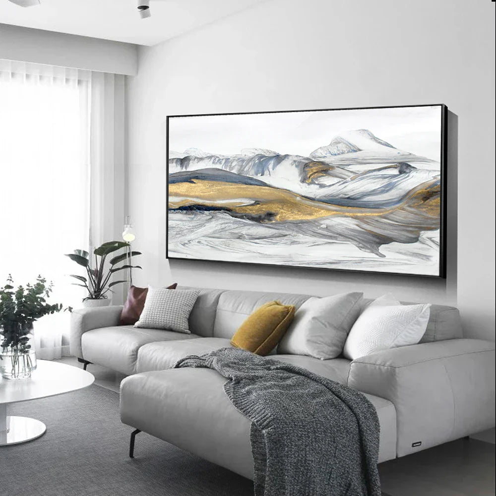 Flytende Abstrakt Gylden Snøfjell Landskap Veggkunst Fine Art Lerretsprint Bilde For Moderne Stue Kunst Over Sofaen | Skanto
