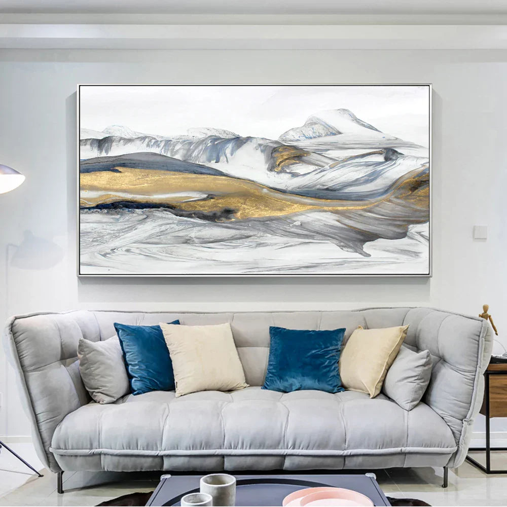 Flytende Abstrakt Gylden Snøfjell Landskap Veggkunst Fine Art Lerretsprint Bilde For Moderne Stue Kunst Over Sofaen | Skanto