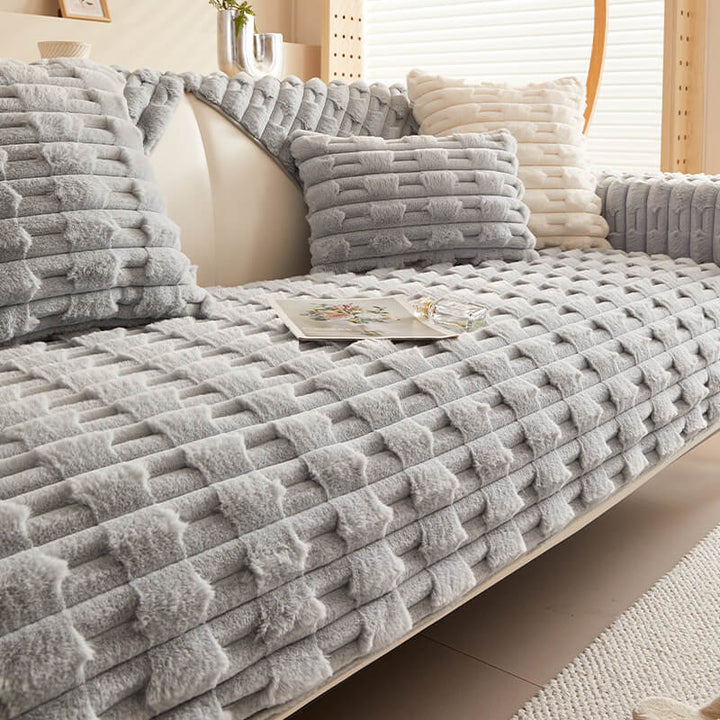Fluffy Plush Stripet Møbelbeskytter Sofa Deksel - Rutsjfritt | Skanto
