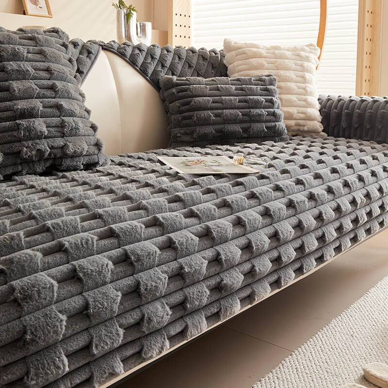 Fluffy Plush Stripet Møbelbeskytter Sofa Deksel - Rutsjfritt | Skanto