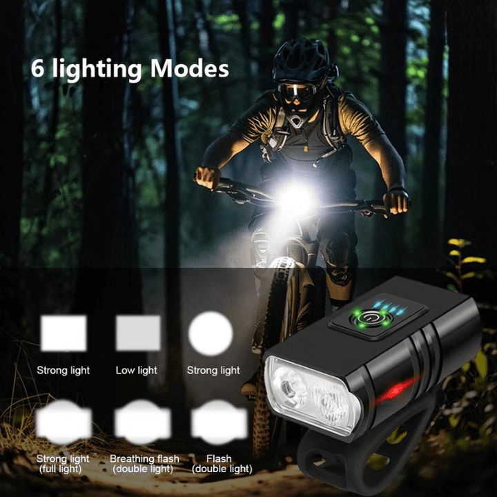 Skanto | Oppladbart LED sykkelforlykt med 6 moduser og USB-C ladefunksjon