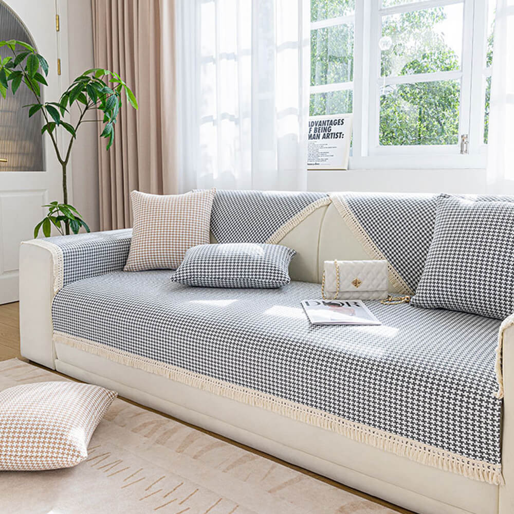 Houndstooth-mønster Elegant Frynse Myk Bomull Lin Bukse Deksel | Skanto