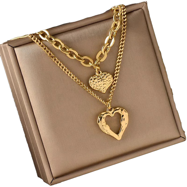 Skanto | Chic Double-Layer Heart & Cuban Link Chain Choker Necklace
