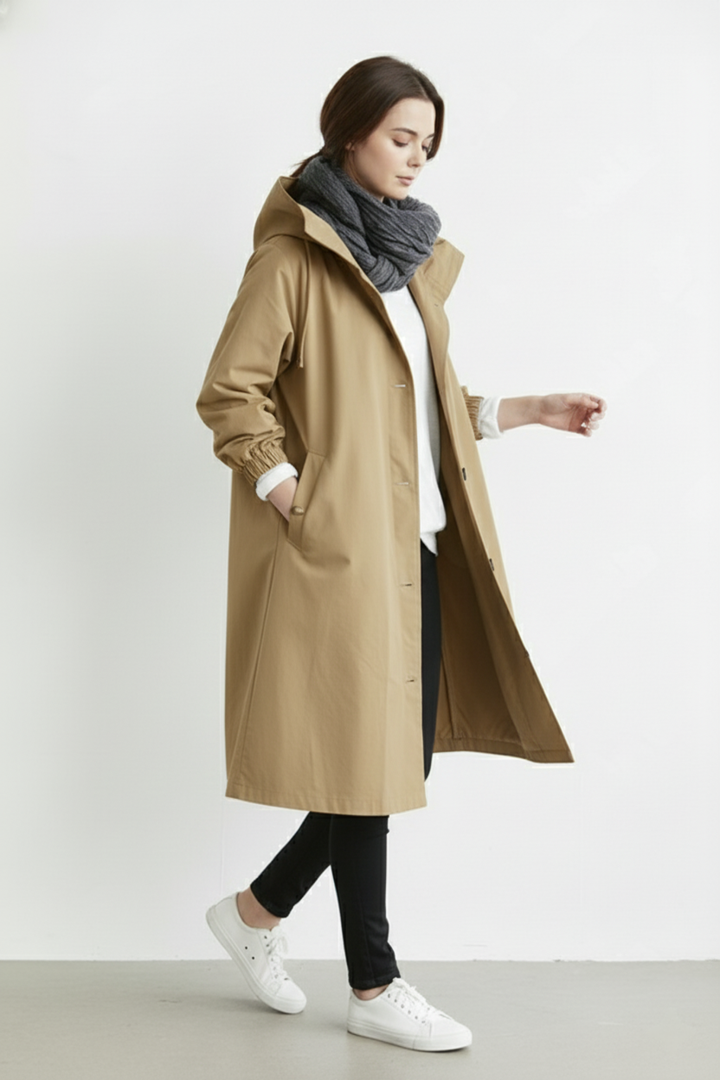 Skanto | Vind- og Vanntett Trenchcoat for Kvinner – Med Hette for Høst & Vinter