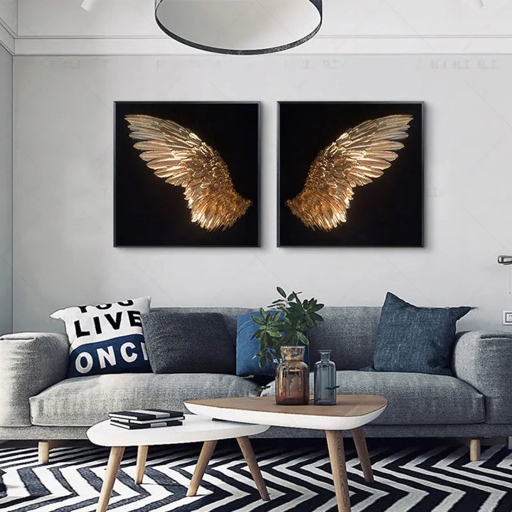 Gylne Engel Vinger Veggkunst Fin Kunst Plakatutskrifter Elegant forgylte fjær Diptykon Lerretsutskrift for moderne soverom dekorasjon | Skanto