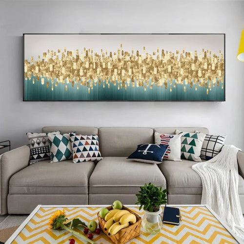 Grønn Gylden Abstrakt Bylandskap Veggkunst Fint Kunst Lærredstrykk Bilder for Over Sofaen Soverom Kunst for Over Sengen | Skanto