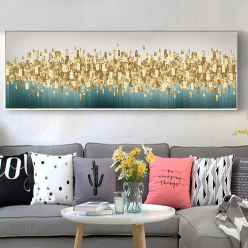 Grønn Gylden Abstrakt Bylandskap Veggkunst Fint Kunst Lærredstrykk Bilder for Over Sofaen Soverom Kunst for Over Sengen | Skanto