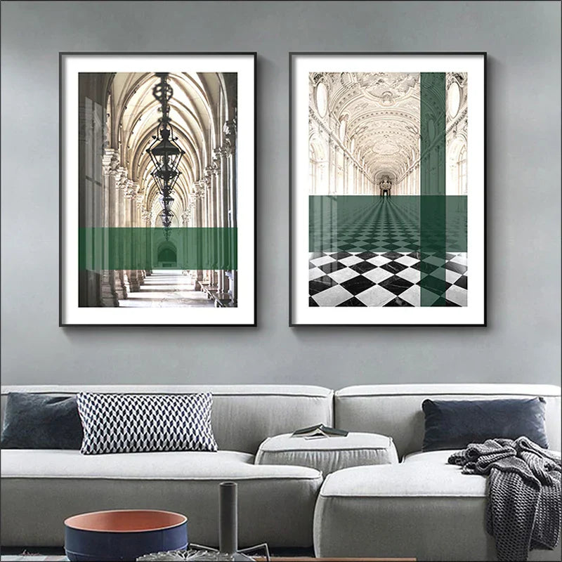Grønne striper Lagde buer Veggkunst Fine kunsttrykk Klassisk arkitektonisk abstrakte bilder For moderne leilighet Stue Spisestue kunst dekor | Skanto